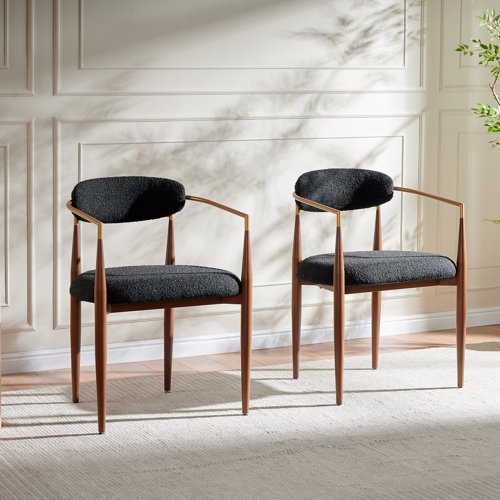 Morden Fort Modern Upholstered Dining Chairs Set of 4, Black Wood Dining Chairs with Boucle Cushions and Wood Grain Legs for Kitchen, Living Room and Reception