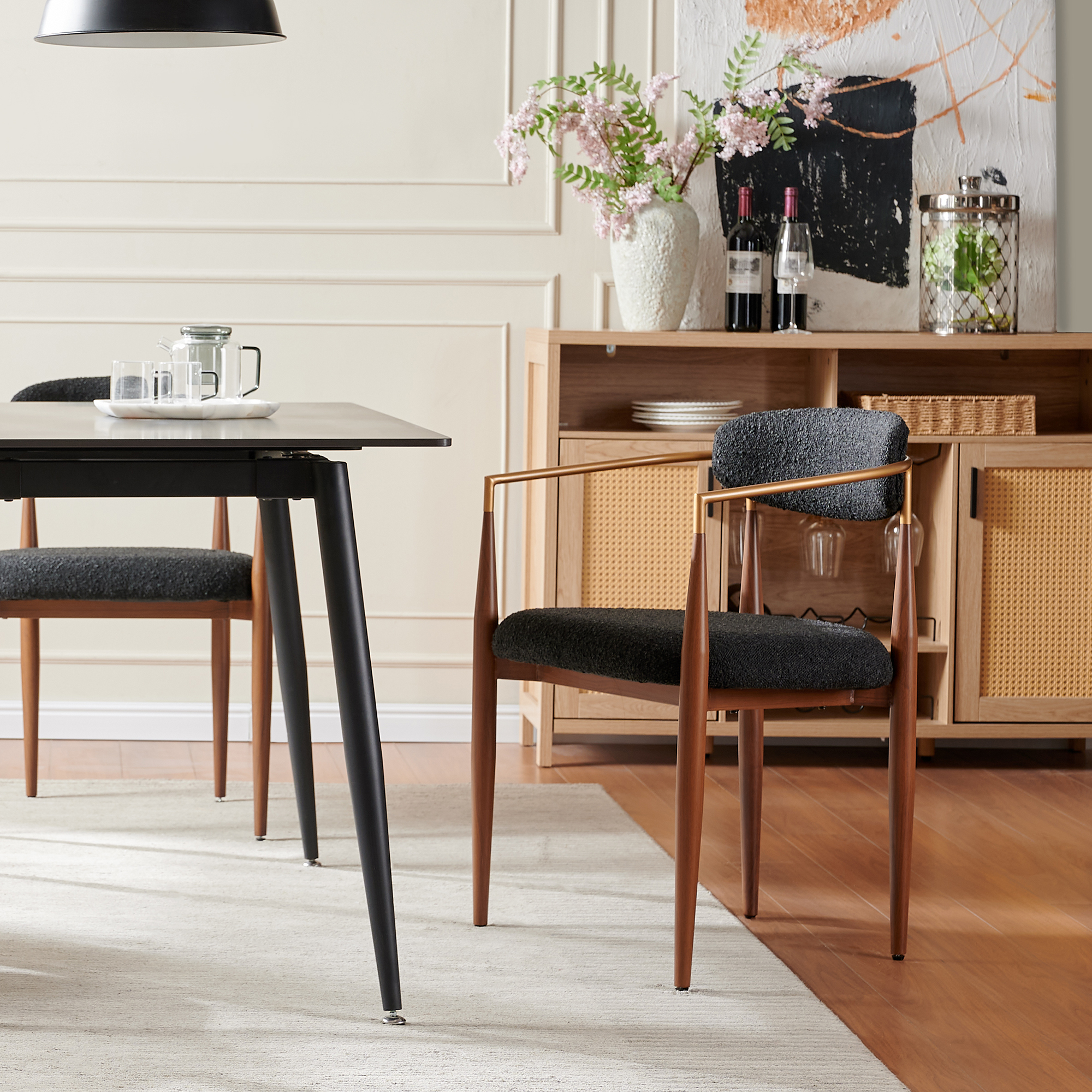 Morden Fort Modern Upholstered Dining Chairs Set of 4, Black Wood Dining Chairs with Boucle Cushions and Wood Grain Legs for Kitchen, Living Room and Reception