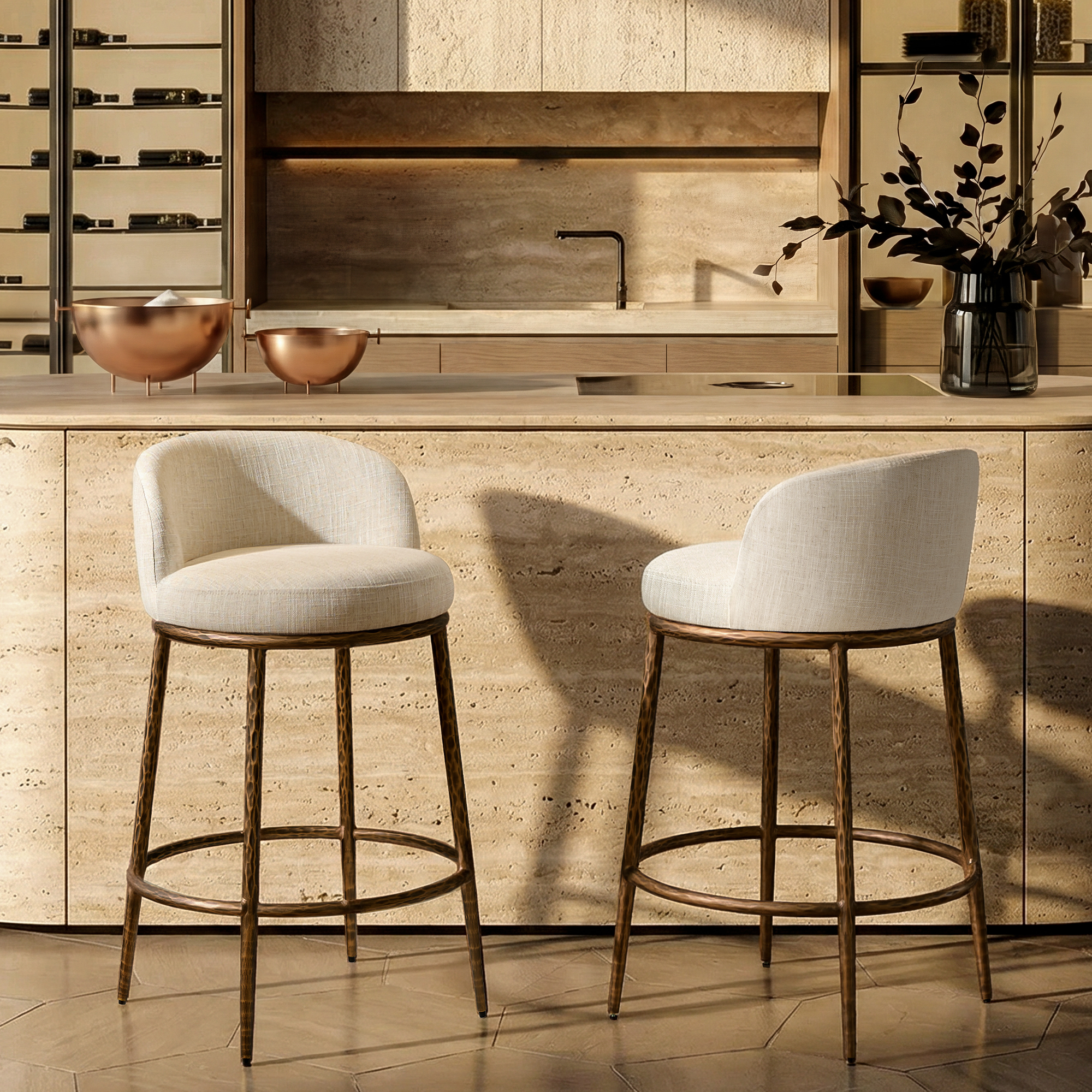 Morden Fort Linen Counter Height Bar Stools Set of 2, Antique Bronze Hand-Hammered Frame, Low Back, Upholstered Seat, Designer Inspired
