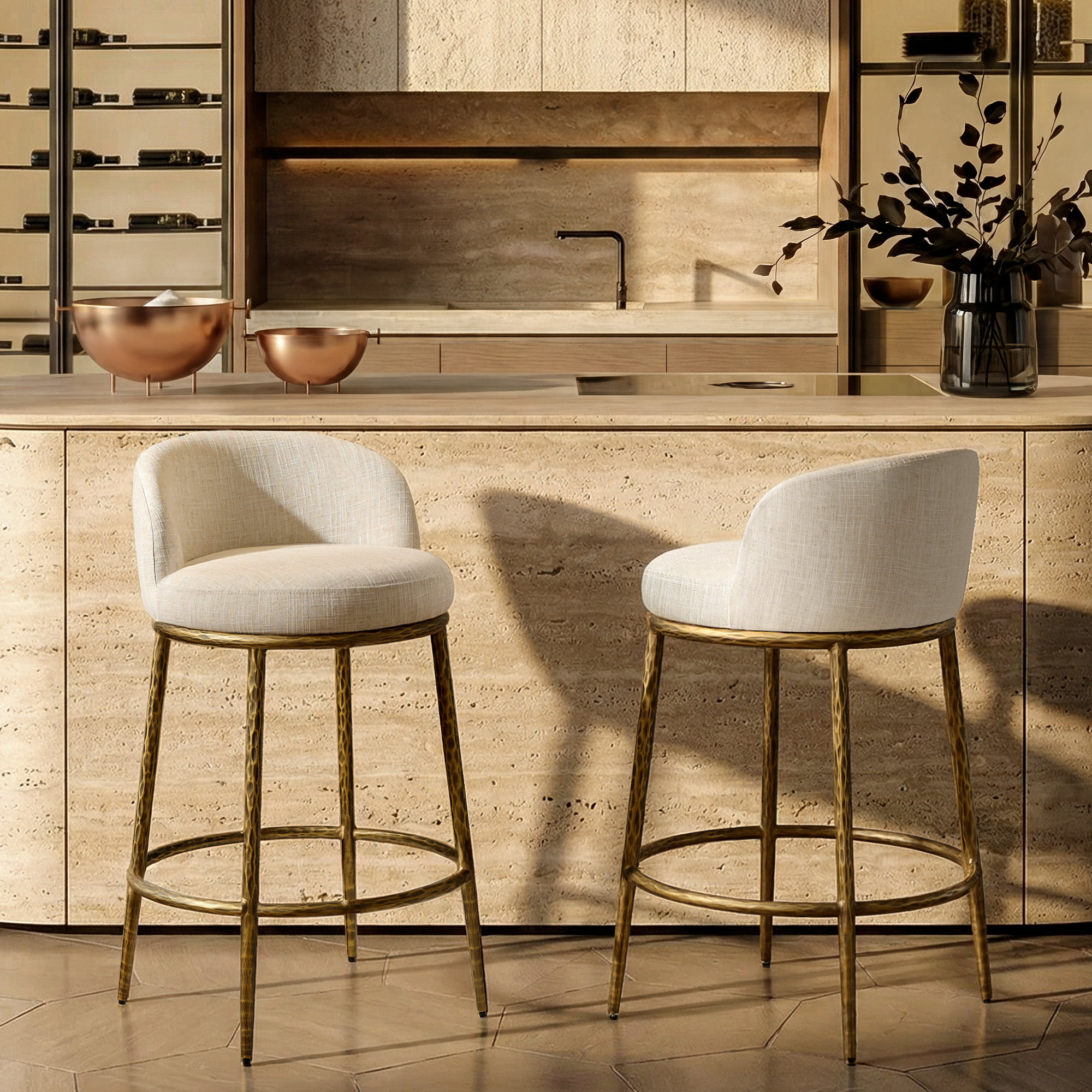 Morden Fort Linen Counter Height Bar Stools Set of 2, Antique Gold Hand-Hammered Frame, Low Back, Upholstered Seat, Designer Inspired