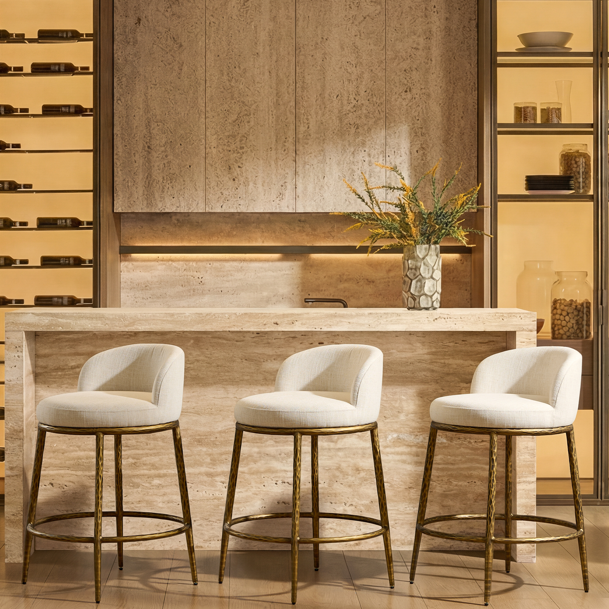 Morden Fort Linen Counter Height Bar Stools Set of 3, Antique Gold Hand-Hammered Frame, Low Back, Upholstered Seat, Designer Inspired