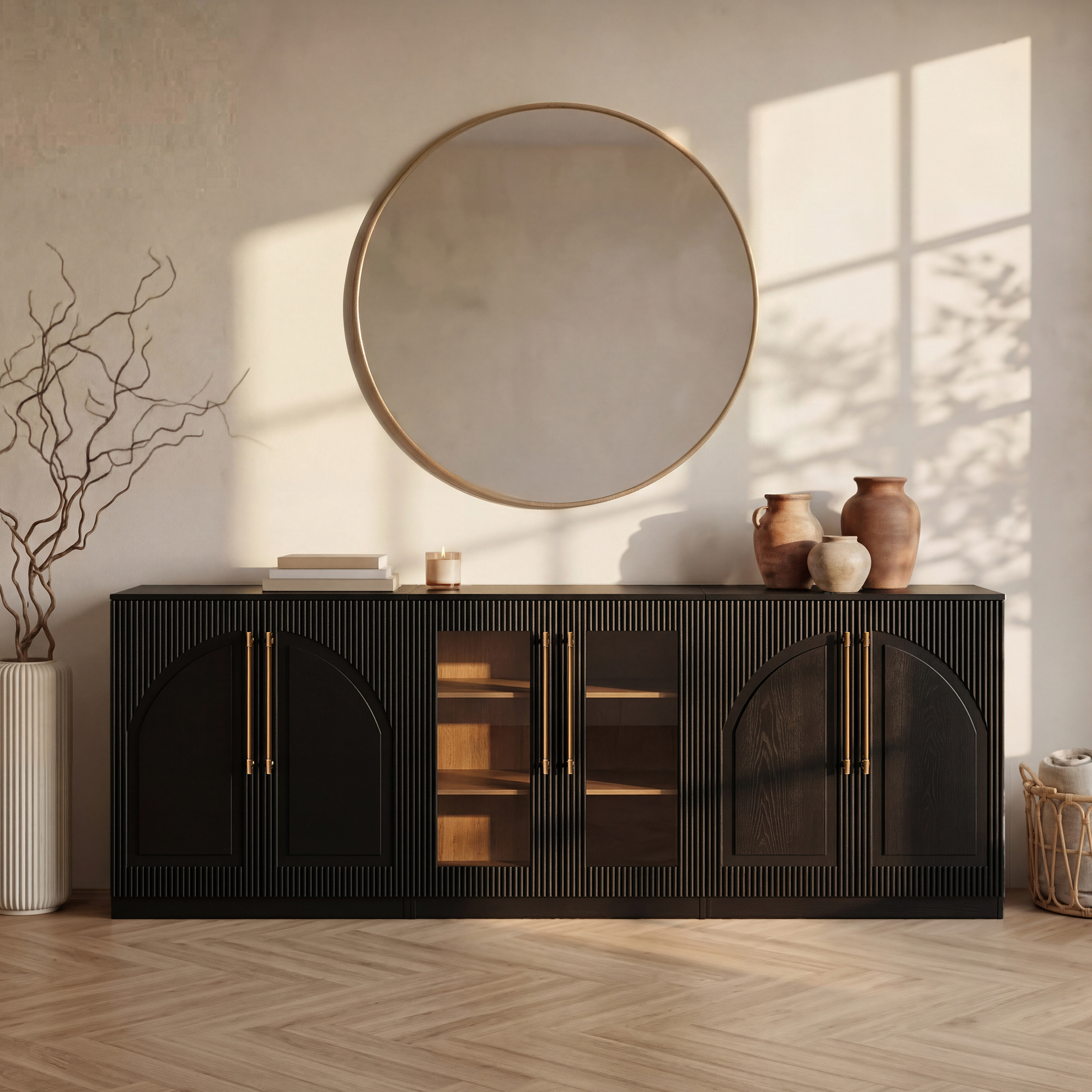 Morden Fort Luxury Sideboard 93'', Handmade Fluted Buffet Cabinet with Adjustable Shelves, 1 Glass & 2 Wood Doors Easy Set Modular Credenza for Living Room Kitchen Dining Room Entryway, Black