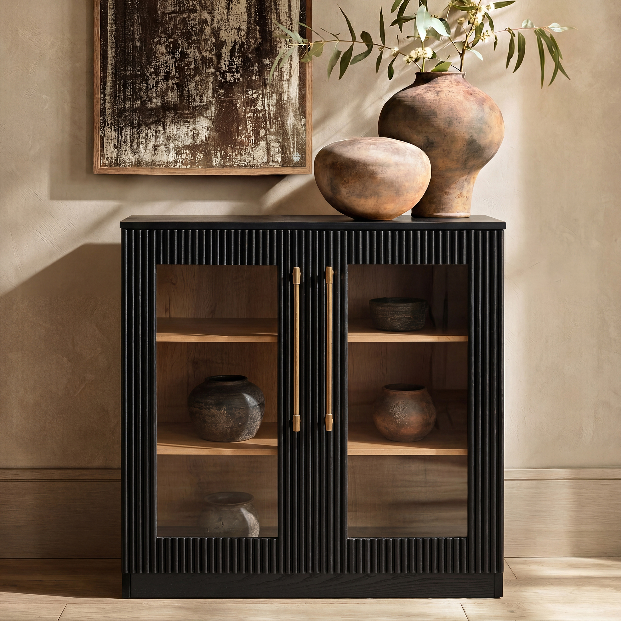 Morden Fort Luxury Glass Sideboard, Handmade Fluted Buffet Cabinet with Adjustable Shelves, Durable Wood Easy Assemble Modular Credenza for Living Room Kitchen Dining Room Entryway, Black 31''