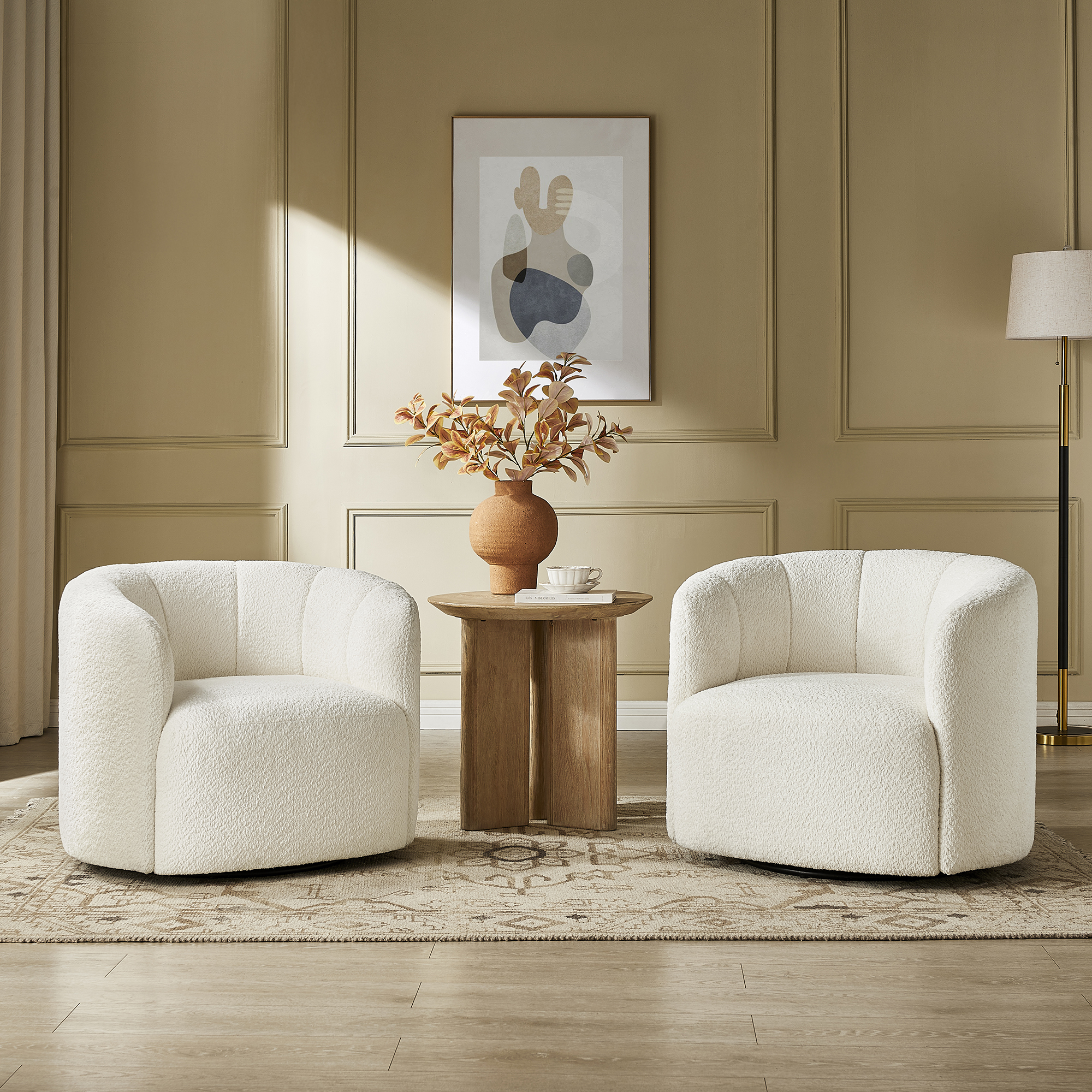 Swivel Accent Chair, No Assembly Required Upholstered Boucle Fabric Barrel Chair for Living Room Set of 2, Beige