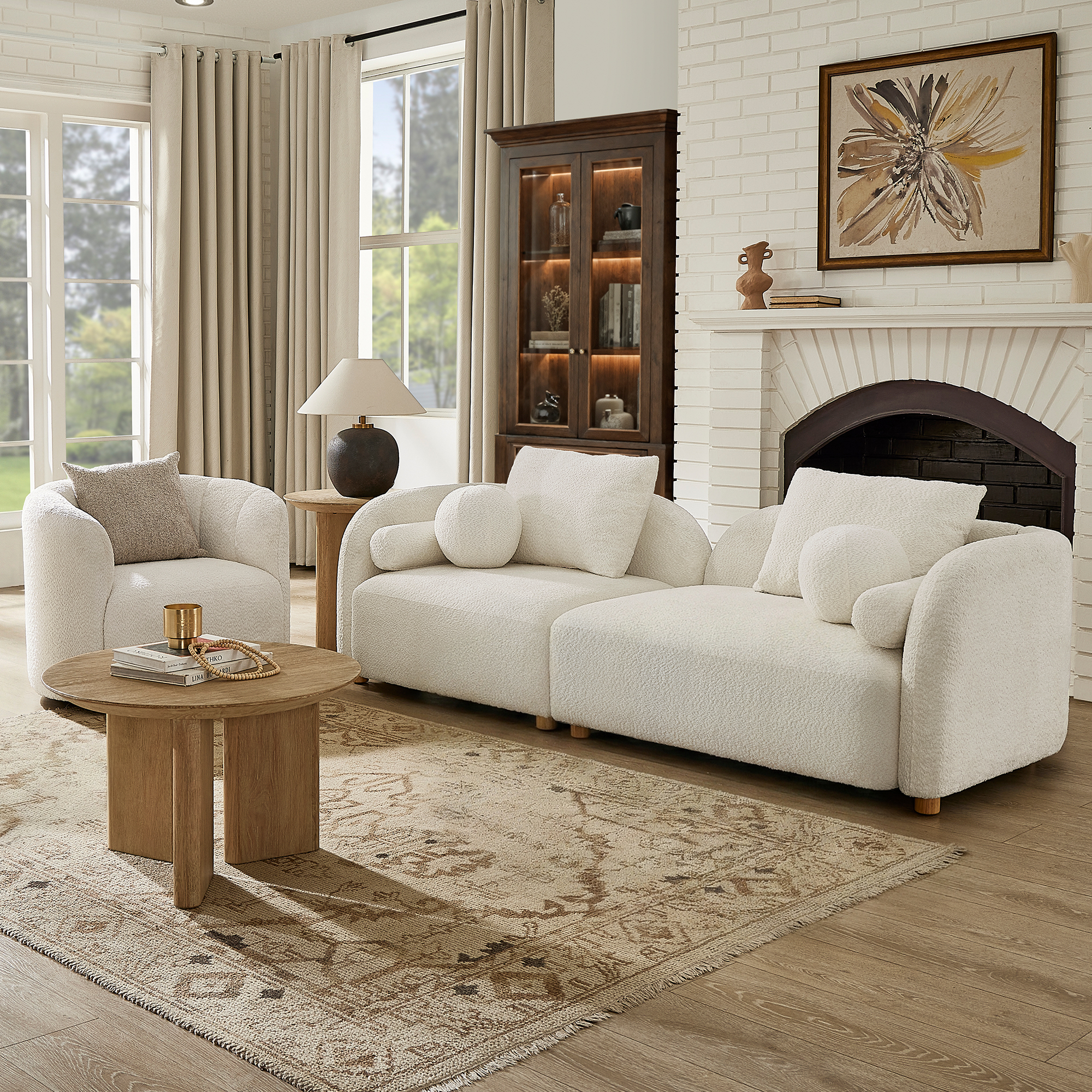 2 Piece Modern Couch Set, Curved Sofa & Swivel Accent Chair, Minimalist Boucle Cloud Sofa with Wood Legs, Skin-Friendly Upholstered Living Room Furniture Group, Cream