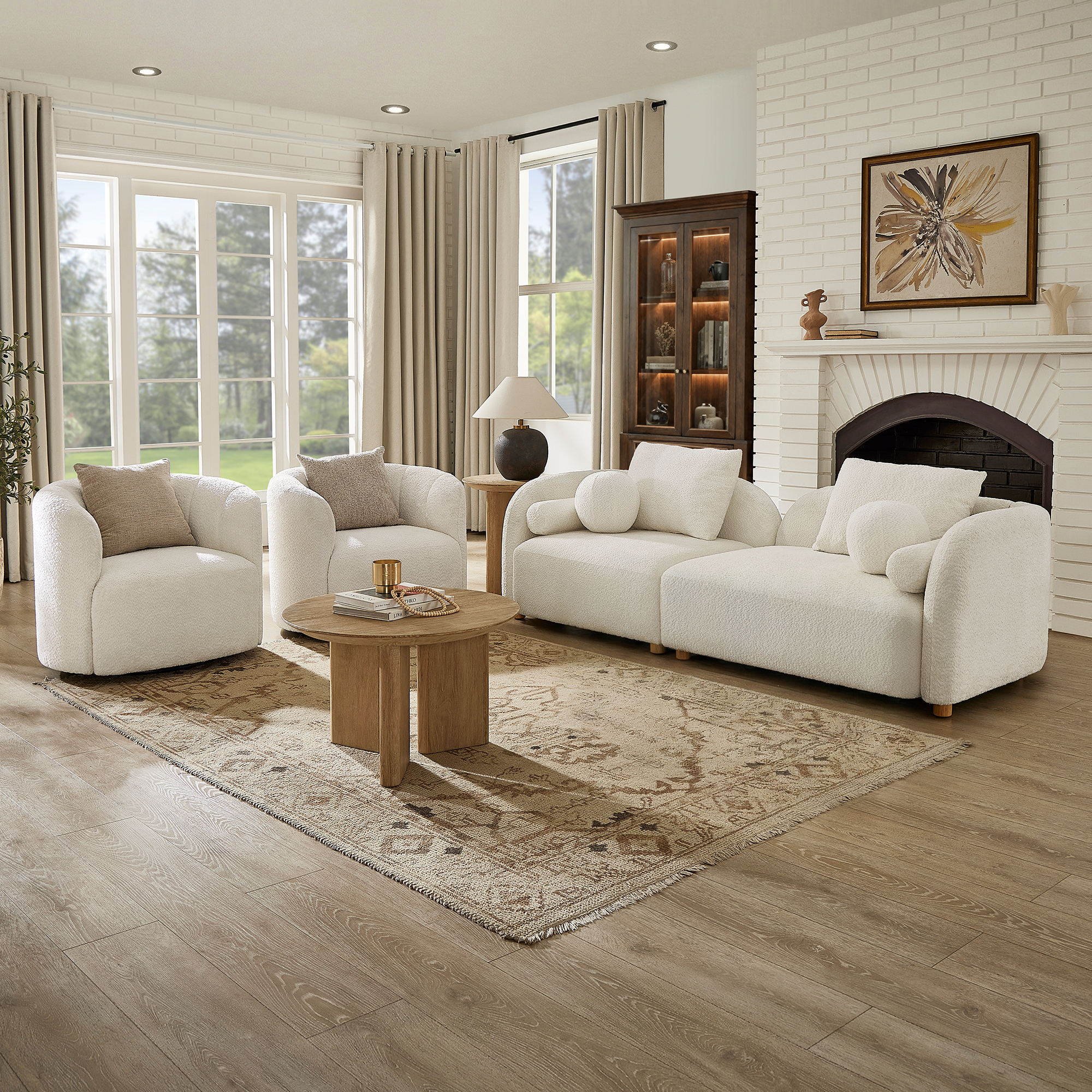 3 Piece Modern Couch Set, Curved Sofa & 2 Swivel Accent Chair, Minimalist Boucle Cloud Sofa with Wood Legs, Skin-Friendly Upholstered Living Room Furniture Group, Cream