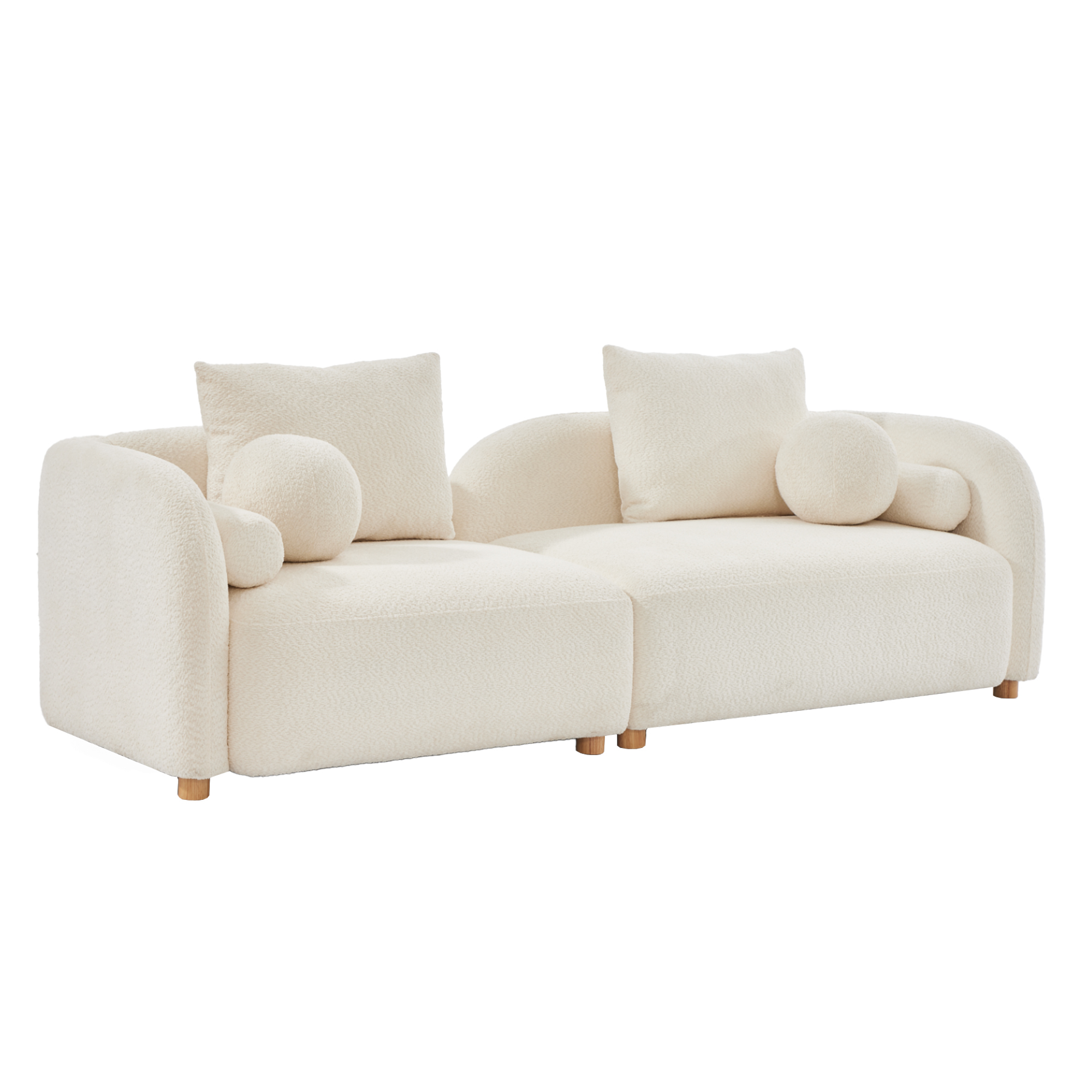Modern Curved Sofa, 3-Seater Comfy Cloud Boucle Couch with Wood Leg & Pillows, Minimalist Sofas for Living Room, Apartment, Cream White 91.75‘’