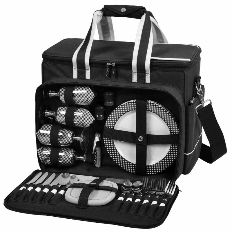 Holiday Picnic Basket Set Tote for 4 Person with Complete Cutlery Set
