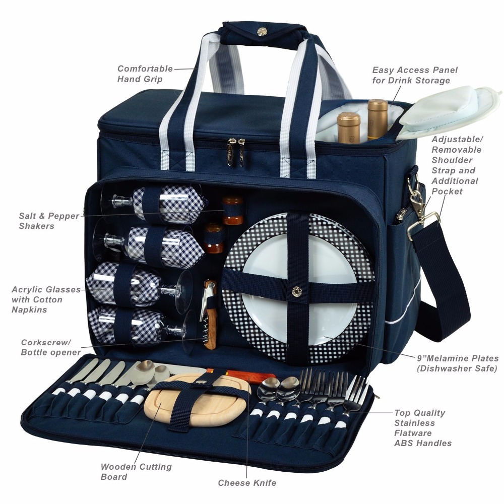 Holiday Picnic Basket Set Tote for 4 Person with Complete Cutlery Set