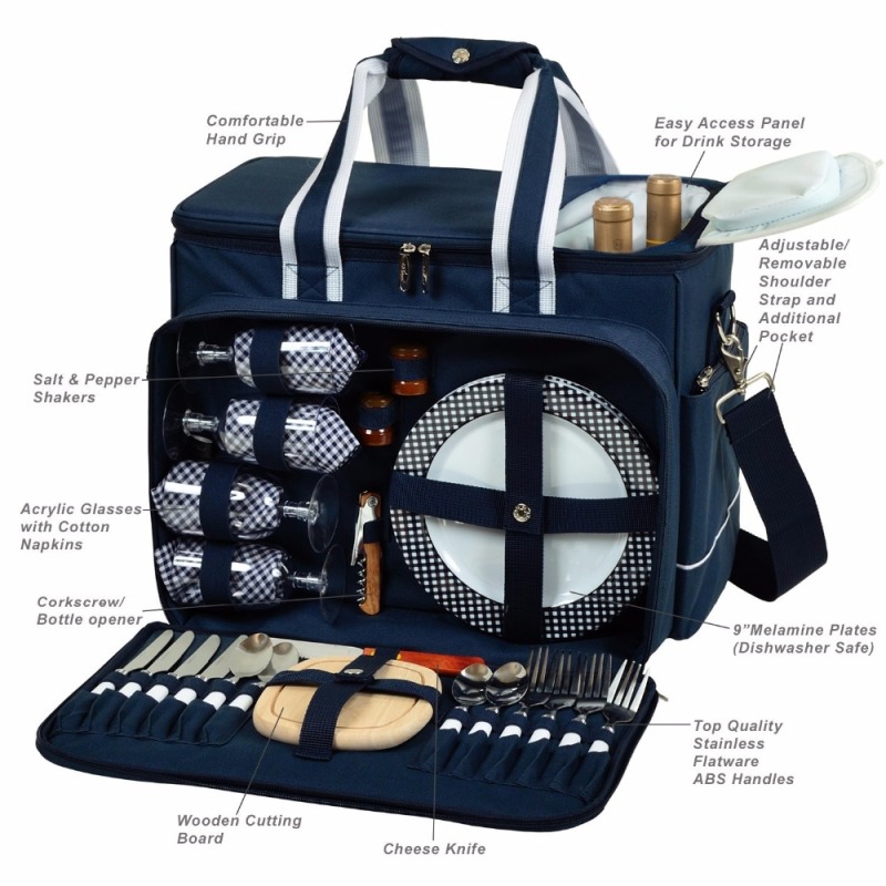 Holiday Picnic Basket Set Tote for 4 Person with Complete Cutlery Set