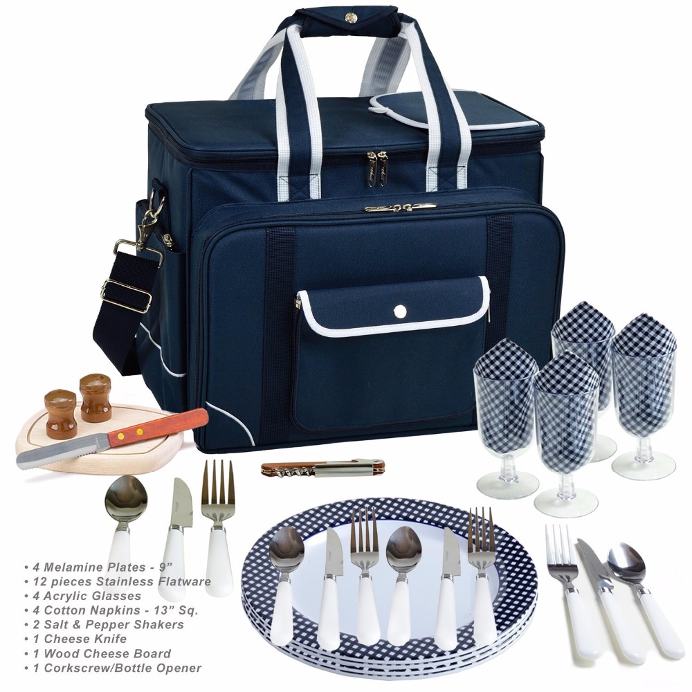 Holiday Picnic Basket Set Tote for 4 Person with Complete Cutlery Set