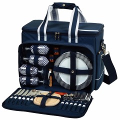 Holiday Picnic Basket Set Tote for 4 Person with Complete Cutlery Set