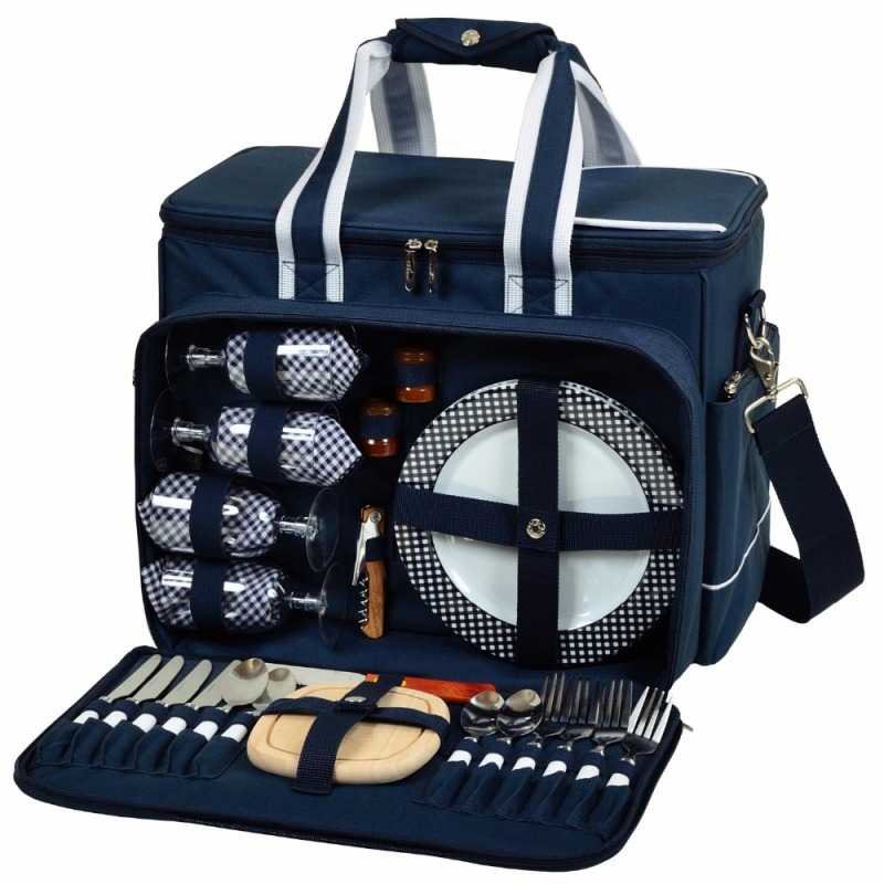 Holiday Picnic Basket Set Tote for 4 Person with Complete Cutlery Set