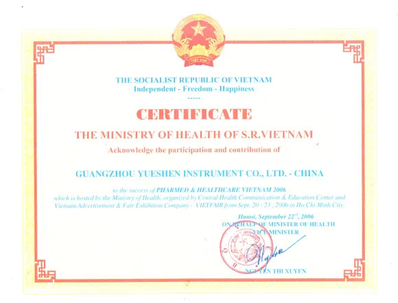 Certificat d'honneur délivré par le ministère de la Santé du Vietnam