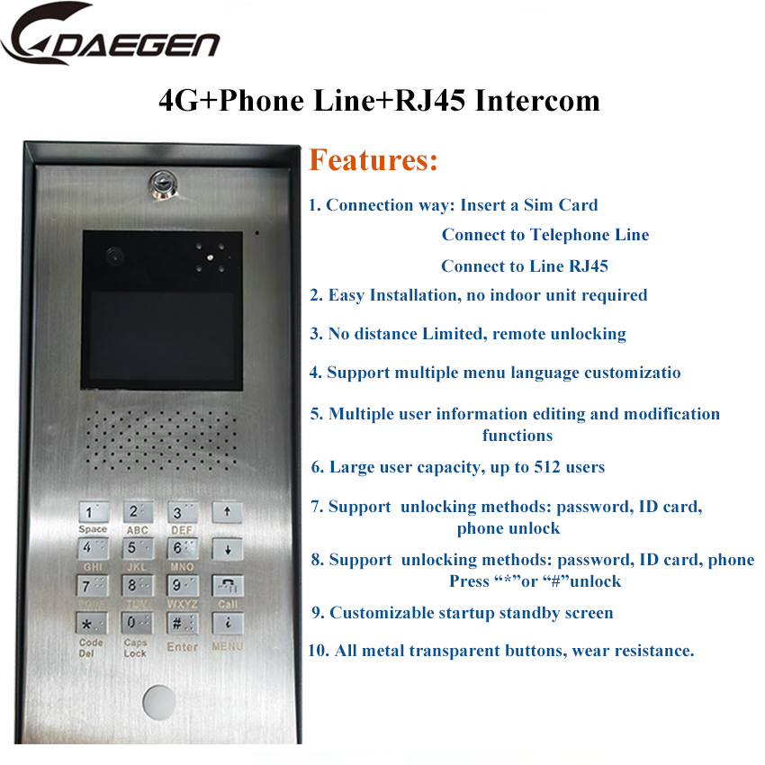 4G Wireless Intercom Video Doorphone+Phone Line+RJ45 System With Monitor Intercom and Unlocking function Doorbell