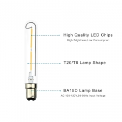 Bonlux 2W Dimmable LED T6.5 Tubular Filament Bulb - BA15D Double Contact Bayonet Base Appliance LED Lights 20W Incandescent Equivalent for Exit Sign Light Chandeliers 120V Warm White 2700K (3-Pack)