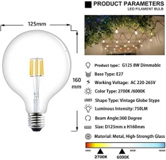 Bonlux 8W Dimmable E27 Culot G125 Globe Ampoule LED à Filament Verre ES Edison Vis Base Ampoule Vintage 800 Lumen Equivalent 75W Ampoule Halogène(Blanc Froid 6000K)(1 pack)