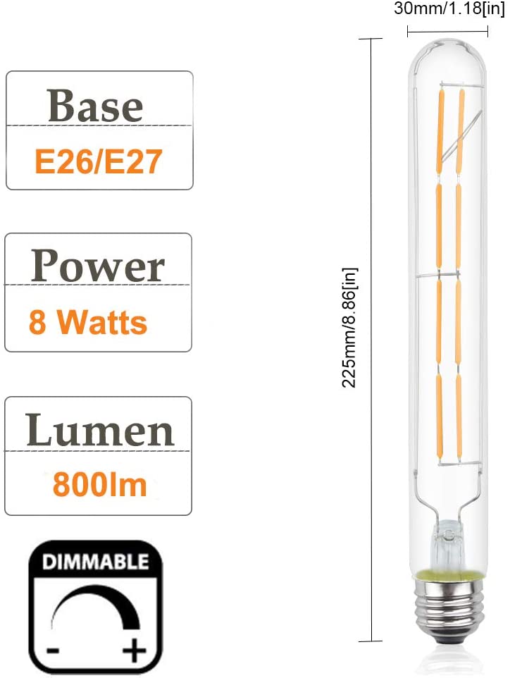 8W T10 E26 Tubular LED Vintage Light Bulb