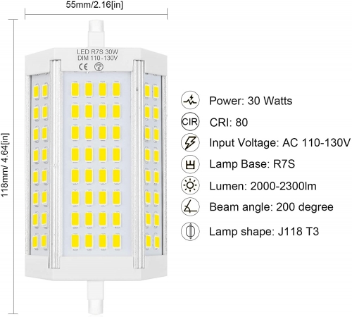 Olaffi R7S LED J118 118mm Dimmable Bulb 30W,120V R7S Base J118 LED Floodlight Warm White 200W R7s Halogen Replacement for Floor Lamps Security Lights General Work Lighting,Warm White 3000k 