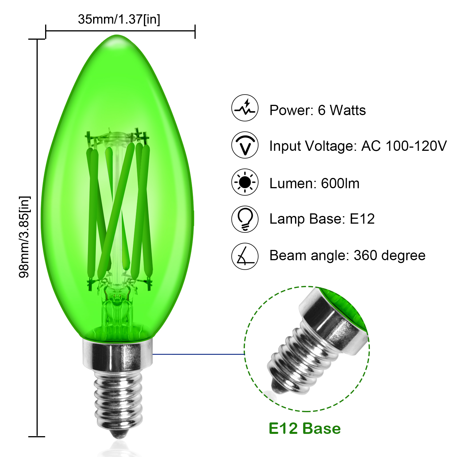 6W C35 E12 LED Green Vintage Light Bulb