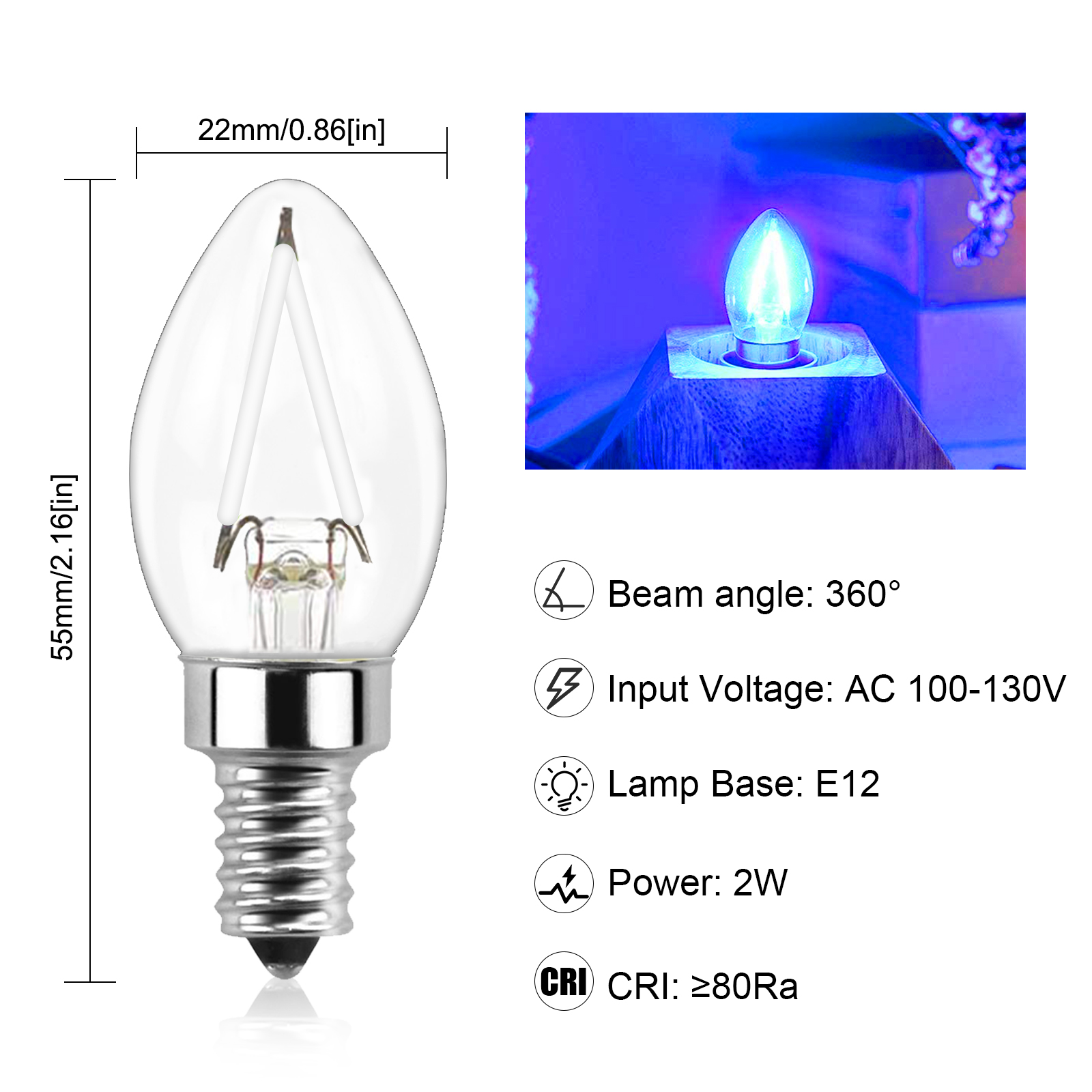 2W C7 E12 LED Blue Vintage Light Bulb