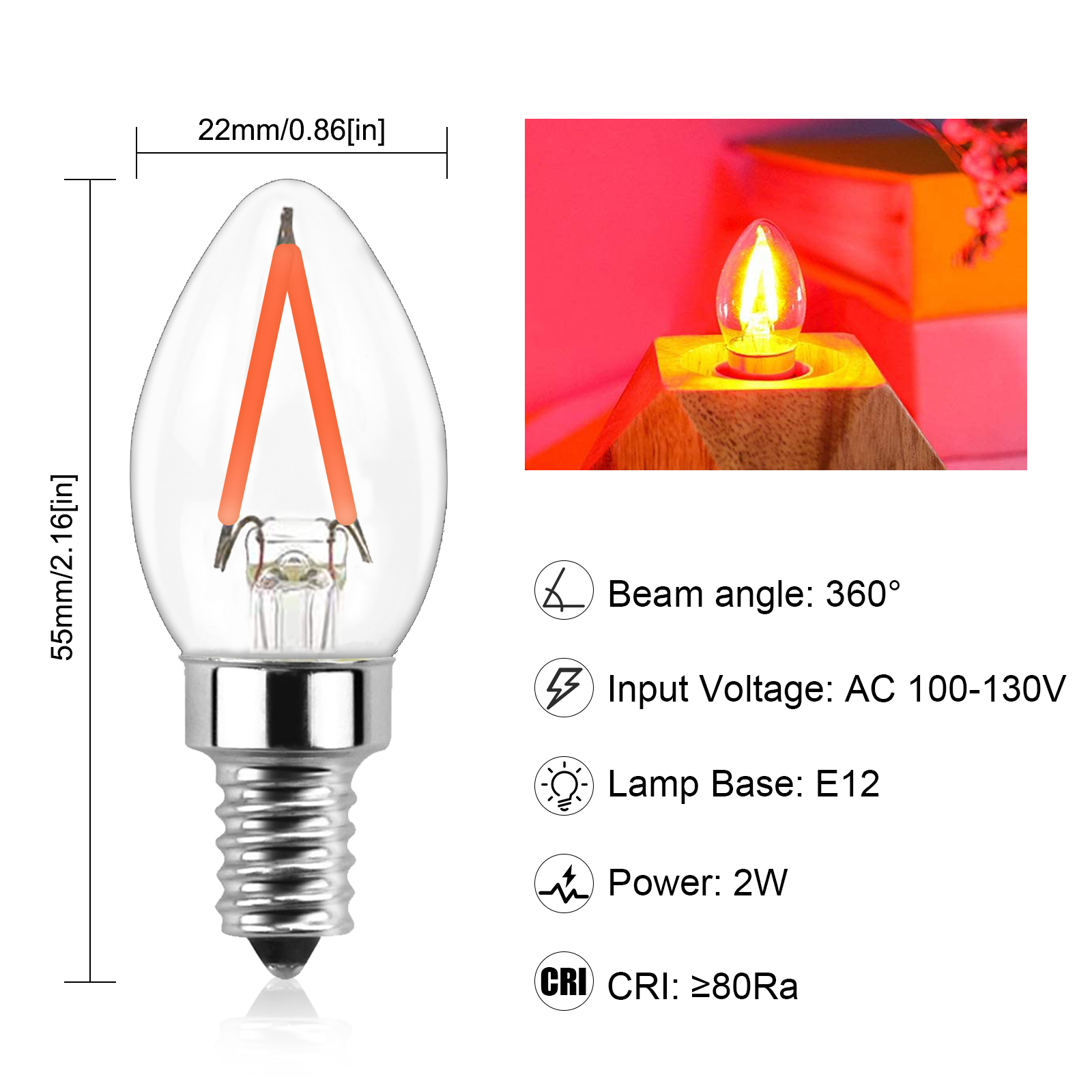 2W C7 E12 LED Red Vintage Light Bulb