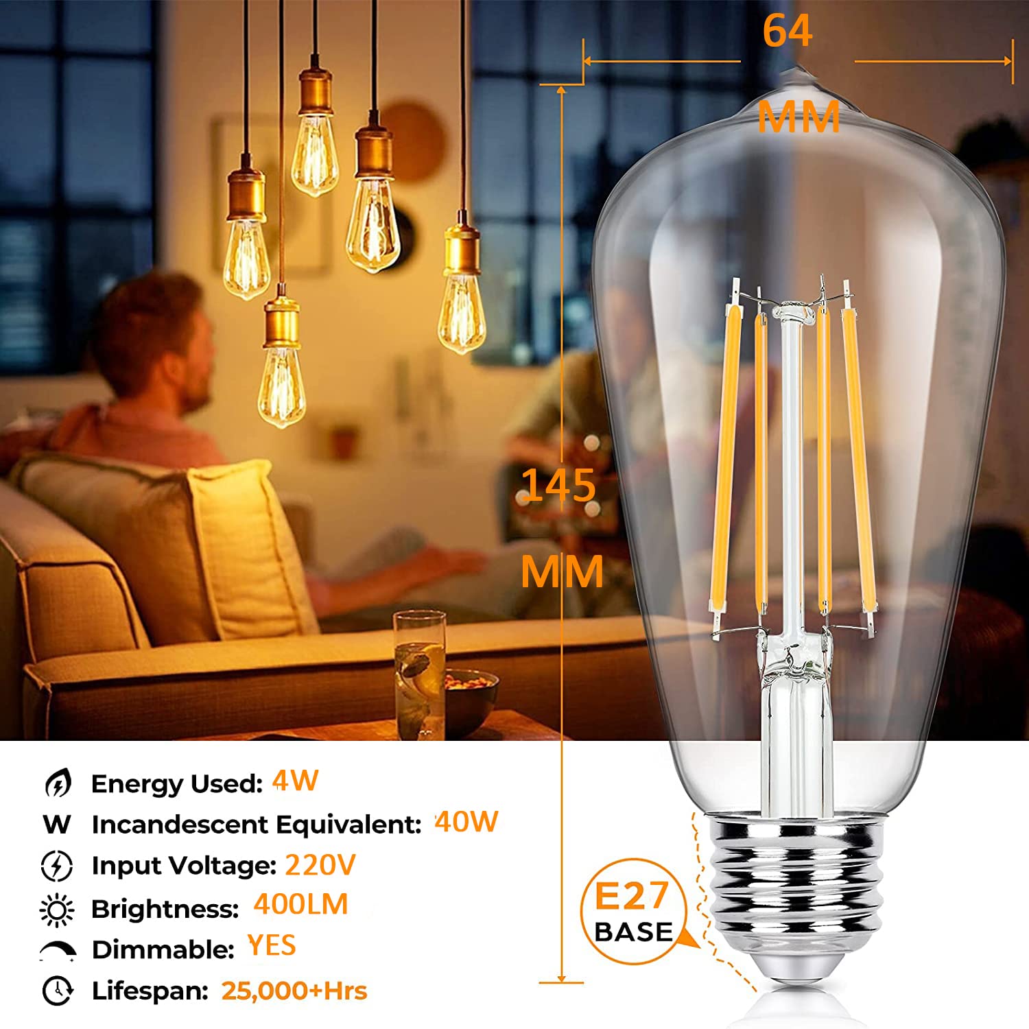 4W ST64 E26/E27 LED Vintage Light Bulb