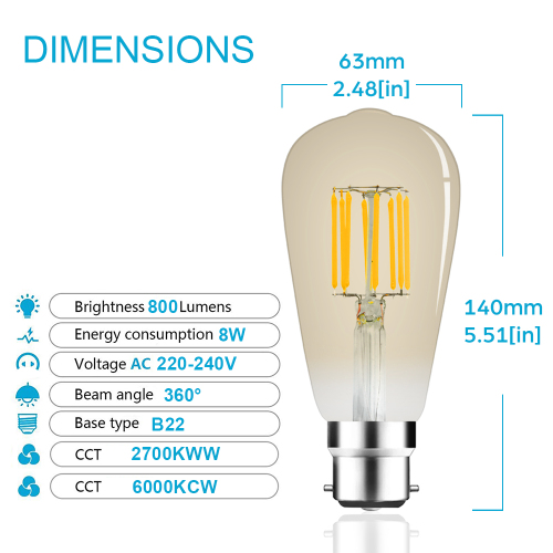 8W ST64 B22 LED Vintage Light Bulb