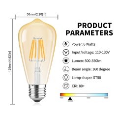 6W ST58 E27 LED Vintage Light Bulb