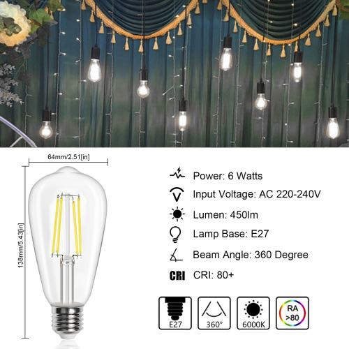 6W ST64 E27 LED Vintage Light Bulb