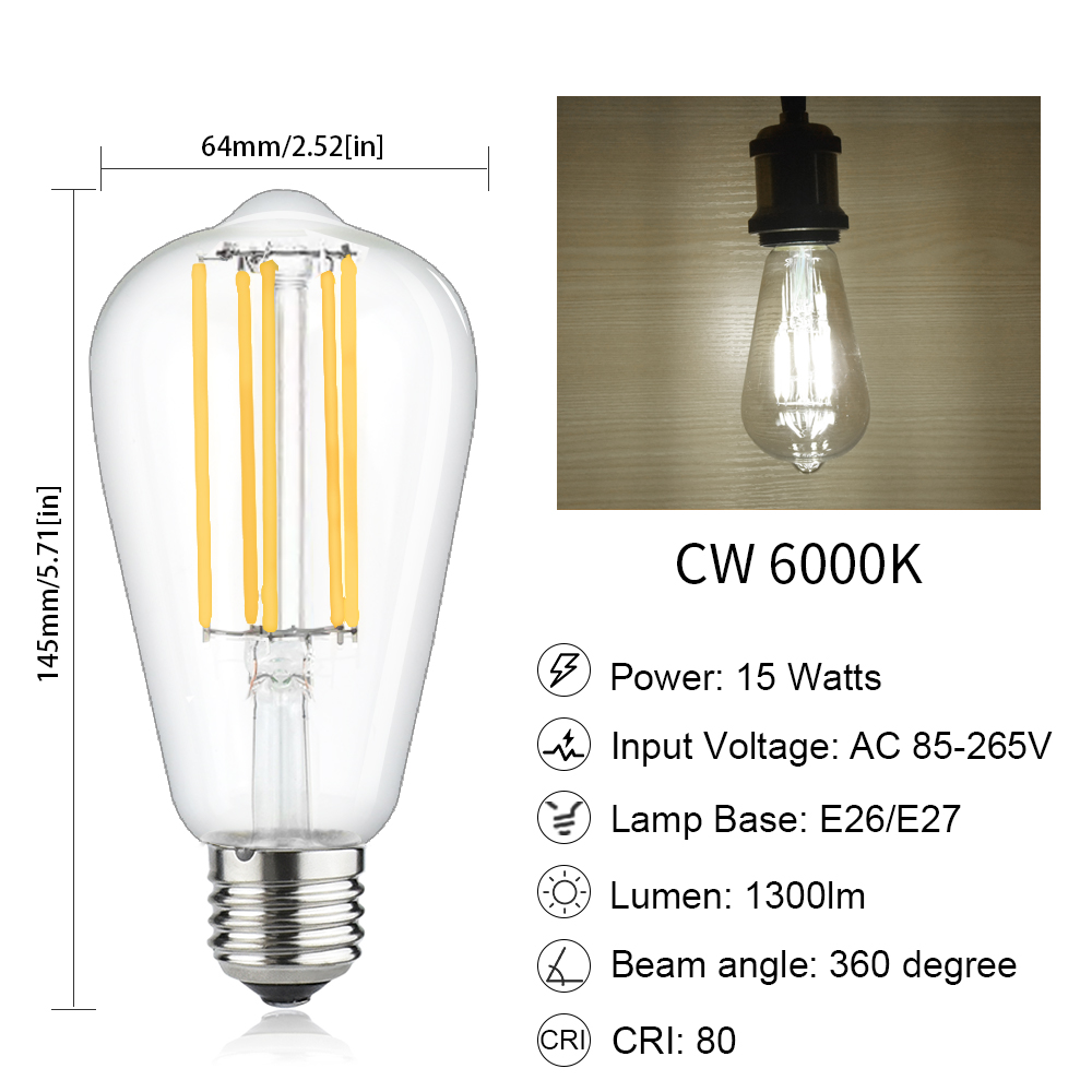 15W ST64 E26/E27 LED Vintage Light Bulb