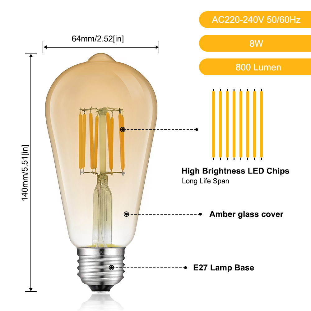 8W ST64 E27 LED Vintage Light Bulb