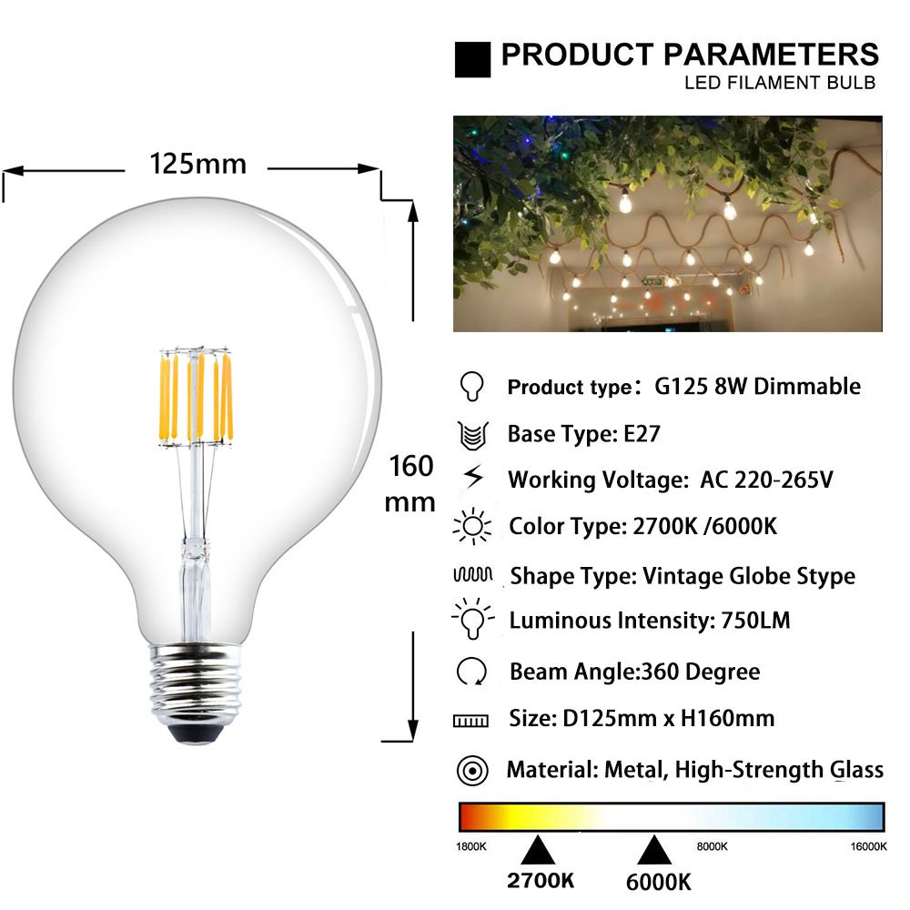 8W G125 E27 LED Vintage Light Bulb