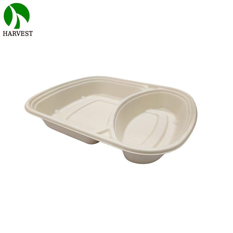 2 Compartments Microwavable Sugarcane Pulp Take Away Lunch Box