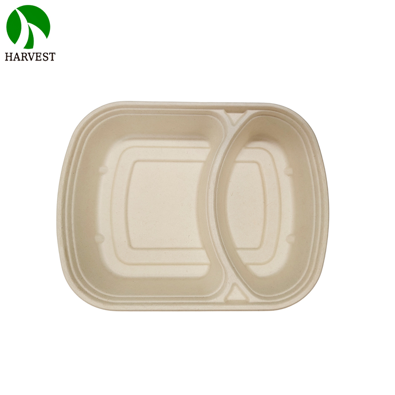 2 Compartments Microwavable Sugarcane Pulp Take Away Lunch Box