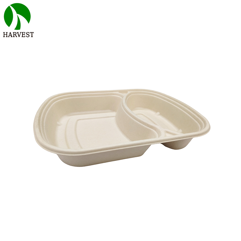 2 Compartments Microwavable Sugarcane Pulp Take Away Lunch Box