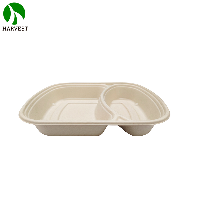 2 Compartments Microwavable Sugarcane Pulp Take Away Lunch Box