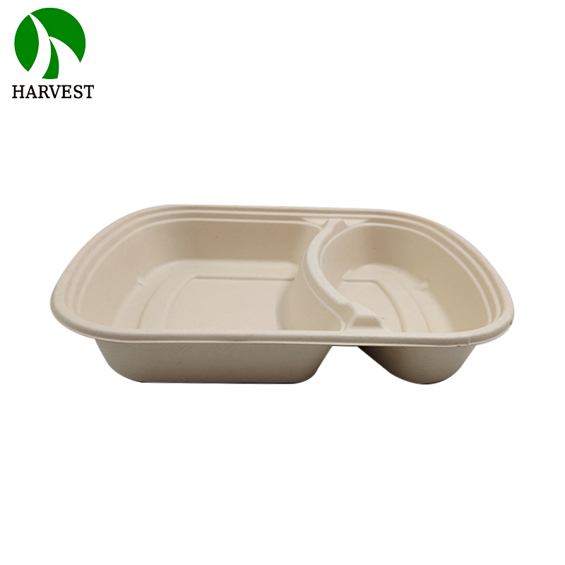 2 Compartments Microwavable Sugarcane Pulp Take Away Lunch Box