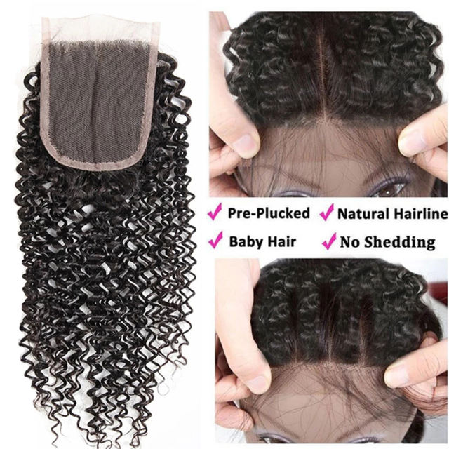ALIKISS Brazilian Curly Hair 3 Bundles with Closure Remy Hair Weave Curly Bundles with 4x4" Lace Closure 100% Human Hair Extensions