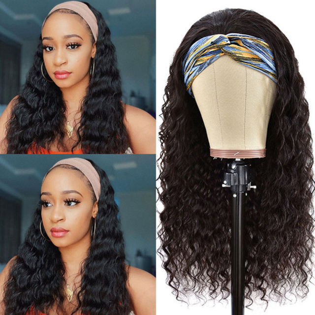 ALIKISS Brazilian Water Wave Hair Headband Wigs 180% Density for Women Glueless Human Hair Wigs Natural Weave