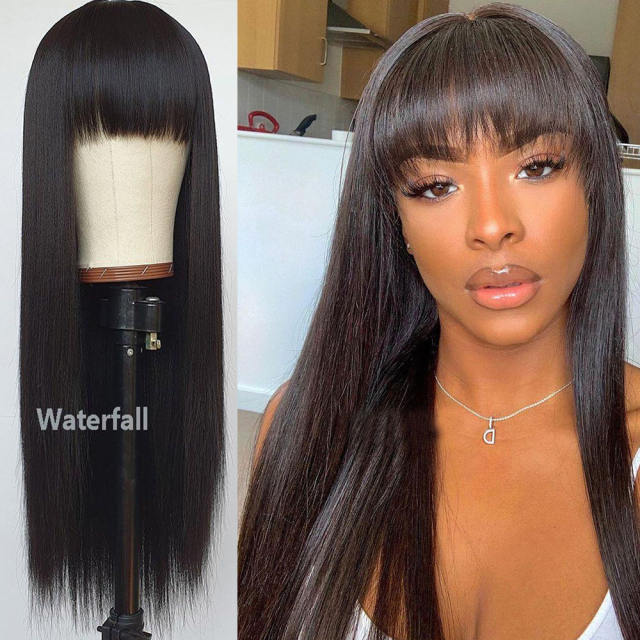 ALIKISS Brazilian Straight Hair Wig with Bangs 180% Density Human Straight Wig with Bangs for Women Human Hair Long Fringe Wig