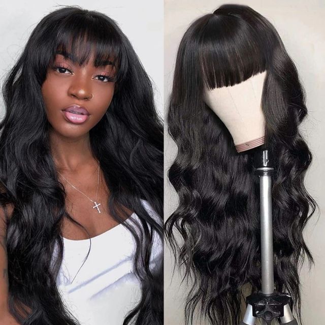 ALIKISS Brazilian Body Wave Wig with Bangs 180% Density Human Hair Wigs with Bangs for Black Women Natural Hair Long Length Wig