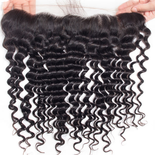 ALIKISS Brazilian Deep Wave 3 Bundles with Frontal Human Hair Bundles with 13x4" Transparent Lace Frontal Remy Hair Extensions