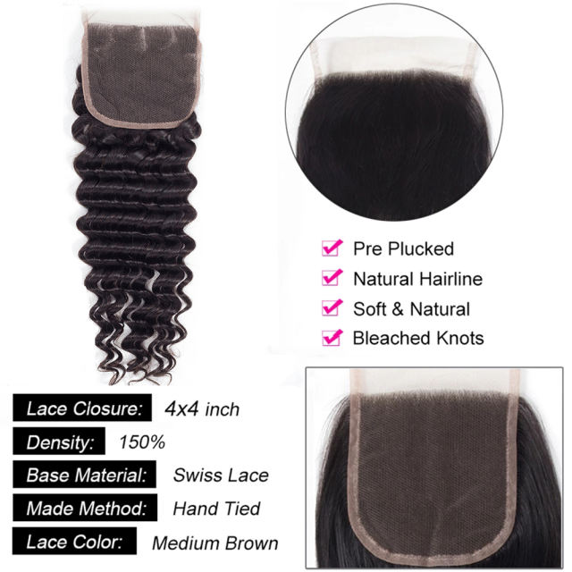 ALIKISS Brazilian Deep Wave Hair 3 Bundles with Closure Mongolian Deep Curly with 4x4" Lace Closure 100% Human Hair Weave