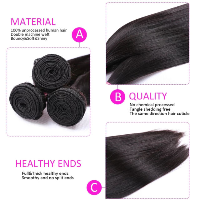 ALIKISS Brazilian Straight Hair 3 Bundles with Closure Remy Hair Weave with 4x4" Lace Closure 100% Human Hair Extensions Virgin Hair Straight