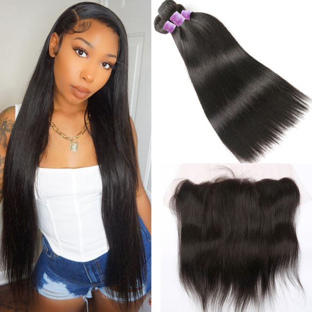 ALIKISS Brazilian Straight Hair Bundles with Frontal 100% Human Hair 3 Bundles with 13x4" Lace Frontal Remy Hair Ear to Ear Transparent Lace Frontal