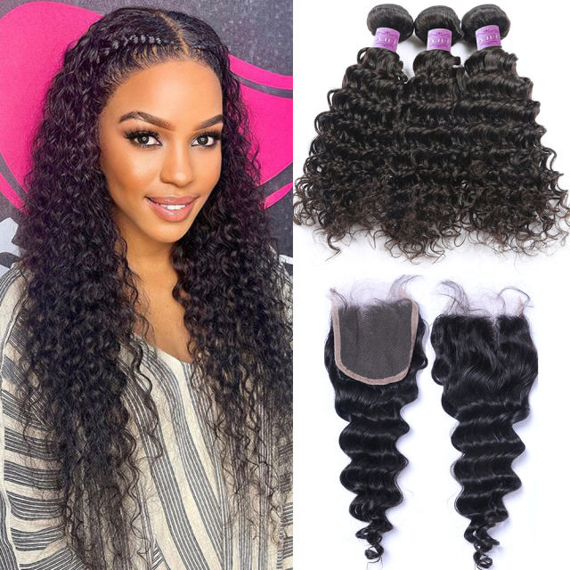 ALIKISS Brazilian Deep Wave Hair 3 Bundles with Closure Mongolian Deep Curly with 4x4" Lace Closure 100% Human Hair Weave
