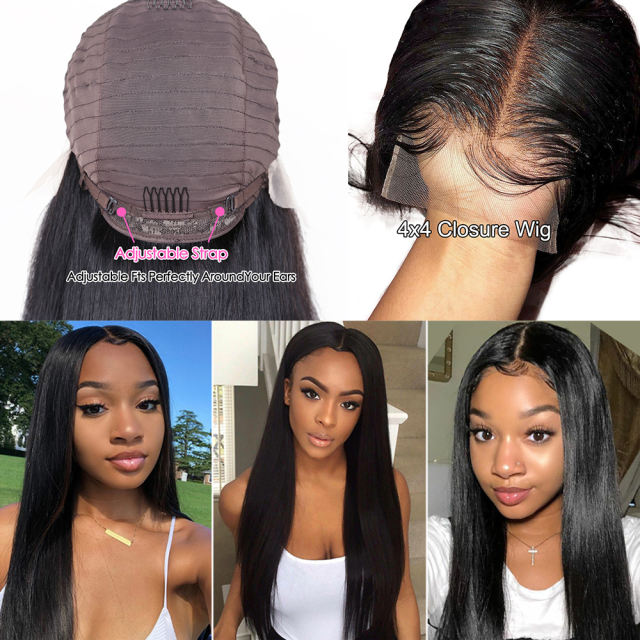 ALIKISS Human Hair Straight Lace Closure Wig 4x4" Lace Wig Brazilian Straight Hair Lace Wig Pre Plucked Peruvian Hair Malaysian Straight