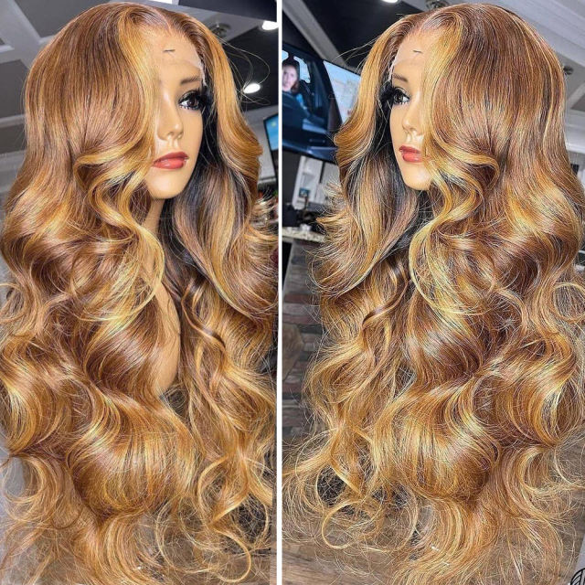 ALIKISS Brazilian Body Wave Highlight Lace Closure Wig Honey Blonde Pre Plucked 4x4" Transparent Lace Wig with Baby Hair