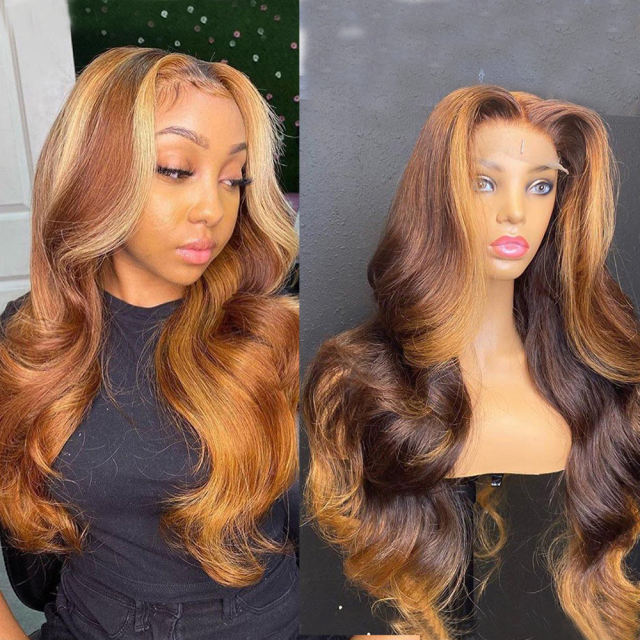ALIKISS Brazilian Body Wave Highlight Lace Closure Wig Honey Blonde Pre Plucked 4x4" Transparent Lace Wig with Baby Hair